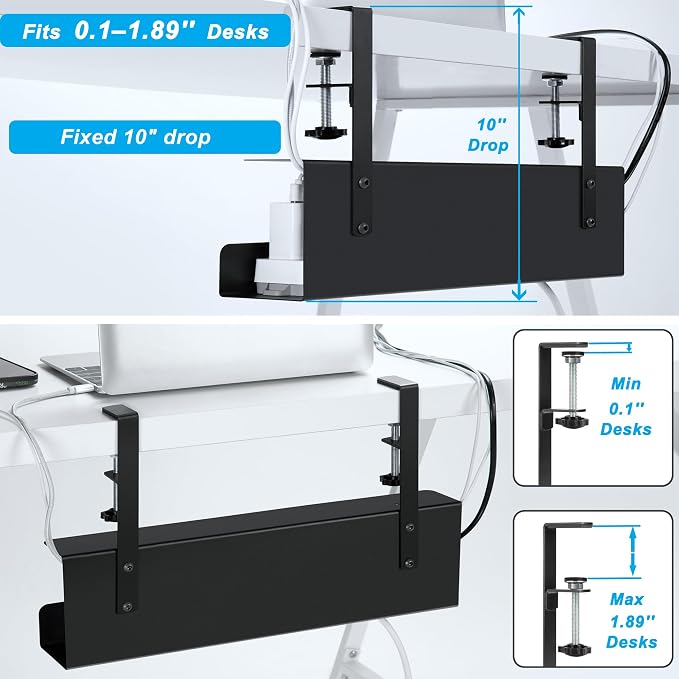 ZhiYo 16.5in Steel Cable Management Under Desk Tray, Large Clamp-On Under Table Cord Hider Tray, No Drill Cable Organizer for Desk, Wire Management Raceway, Black Rack, W3in x H4.7in