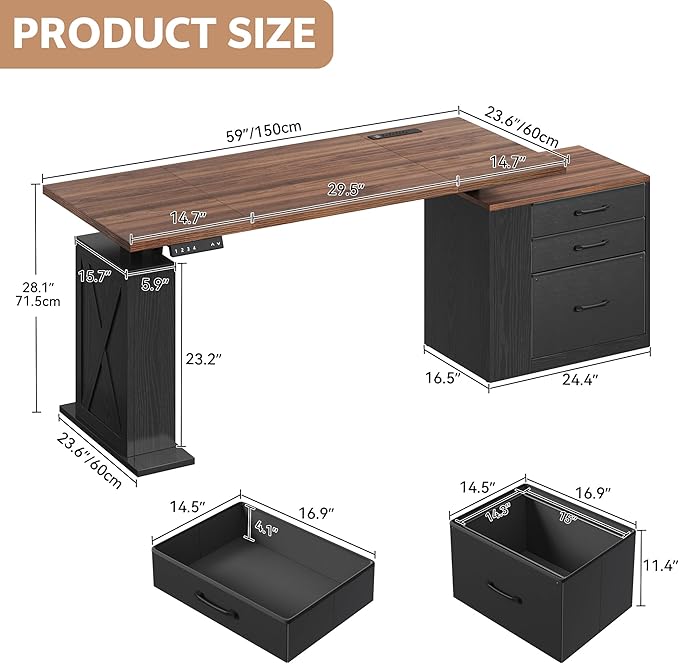 75.5'' Electric Standing Desk with Drawers, Farmhouse Height Adjustable Corner Desk, Sit Stand Office Desk with 4 AC Outlets & Type C Port, Executive Computer Desk, Brown & Black