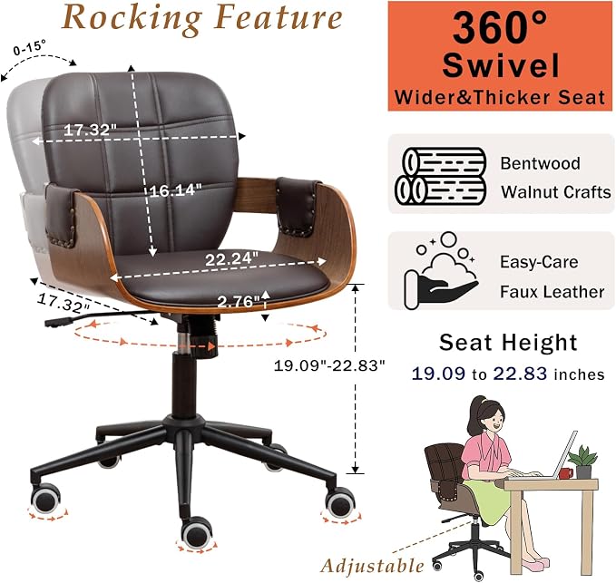 Desk Chair for Small Office, Mid Century Modern Desk Chair, Walnut Finish | Ergonomic Curved Back, Bentwood Frame, Rocking Function & 360° Swivel, Height Adjustable 19"-23", Support Up to 350 lbs