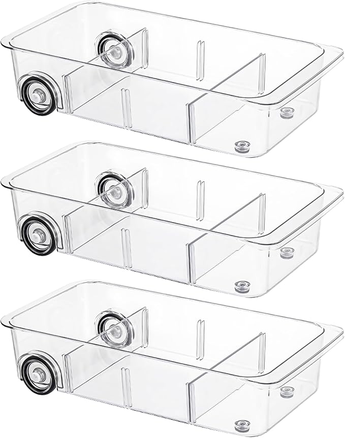 LXLXXL Fridge Organizer and Storage Drawer Rolling Refrigerator Bins,3 Pack | Silicone Wheels,3 Pack Adjustable Dividers,Easy to Clean,Organizer for Fridge,Pantry,Bathroom and Cabinet Organization