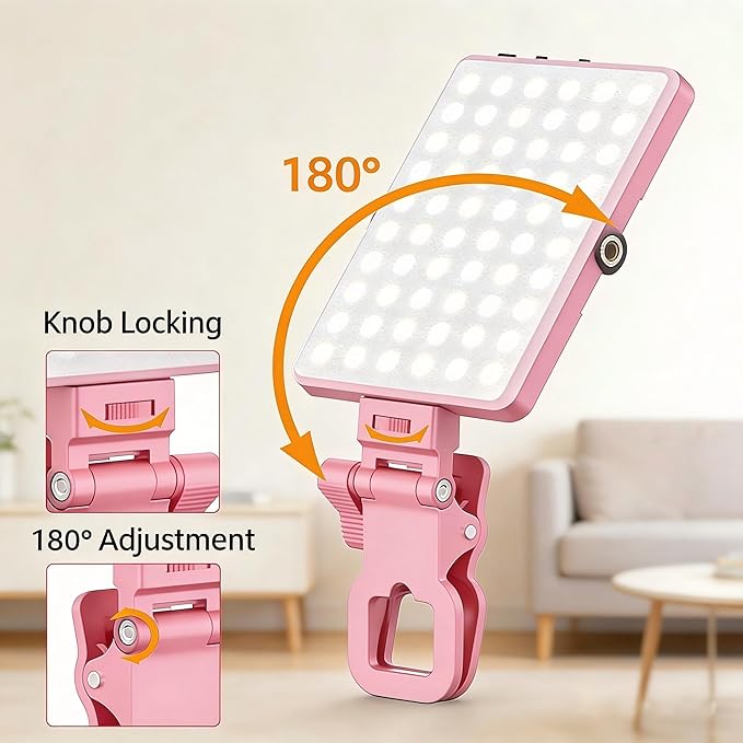 Selfie Light for iPhone-Camera Light for Content Creator -Portable Light-Clip on Light with 3 Mode&10 Brightness Levels, Ring Light for Phone for TikTok-Makeup-Video Recording-Vlog-Laptop-Pink