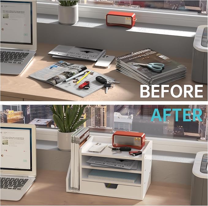 Multi-Tier Wood Desk File Organizer with Side File Rack, 3 Tray Shelves & Adjustable Drawer - Space-Efficient Design Easy to Assemble for Efficient Office Setup, Reduces Desk Clutter (White)