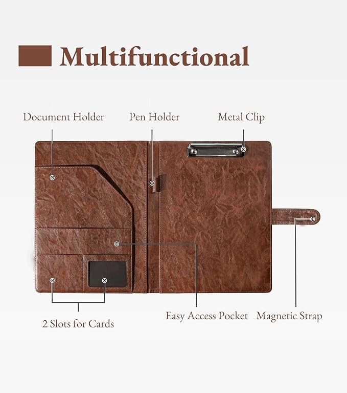 Zreal Padfolio Portfolio Binder with Clipboard & Card Holder, Faux Leather File Folder, Folio Resume Paper Organizer for A4 Letter Size Document, Legal Pad Holder for Women Man (Brown)