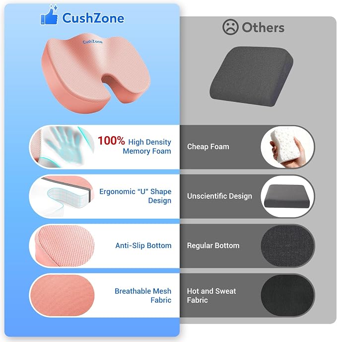 CushZone Seat Cushion, Office Chair Cushions, Car Seat Cushion, Non-Slip Sciatica & Back Coccyx Tailbone Pain Relief Chair Pad, Memory Foam (Large,Pink)