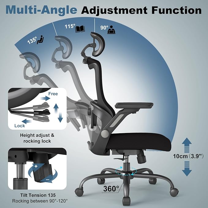 AnyGod Ergonomic High Back Mesh Office Chair, Big & Tall Swivel Desk Chair | 3D Adjustable Headrest, 4D Flip-Up Armrests, Computer Chair with Lumbar Support, Breathable Gaming Chair for Home Study