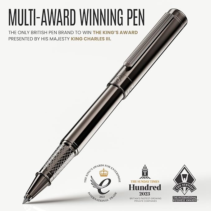 Scriveiner Gun-Metal Rollerball Pen - Stunning Luxury Pen, Schmidt Ink Refill, Best Roller Ball Gift Set for Men & Women, Professional, Executive Office, Nice Pens