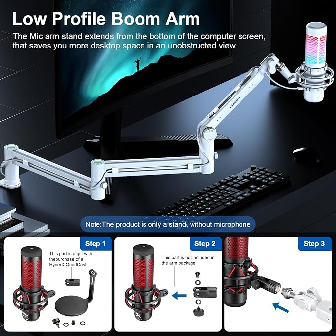 Microphone Arm,Aokeo AK-58i Desk Low Profile Mic Boom Arm Stand,Suitable For Blue Yeti,Snowball iCE,HyperX QuadCast,SoloCast,Elgato Wave,Etc（White）