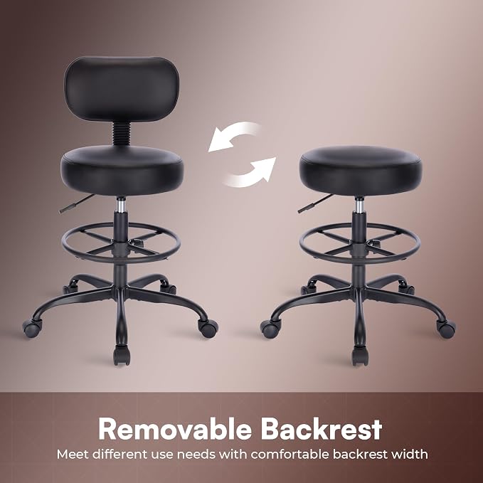 SUPERJARE Drafting Chair with Back, Adjustable Foot Rest Rolling Stool, Multi-Purpose Office Desk Chair, Thick Seat Cushion for Home Bar Kitchen Shop - All Black