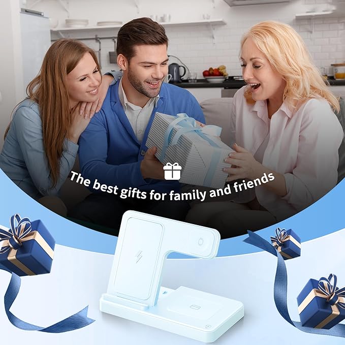Wireless Charging Station for Apple Devices: 3 in 1 Foldable Qi Compact Case-Friendly Charger Stand for iPhone 17-12 & Apple Watch & AirPods Charging Dock for Travel Home Office Desk Nightstand (Blue)