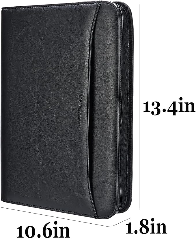 Zippered Padfolio Binder, Faux Leather Organizer with 3-Ring Binder, Left-Handed Design, Business Card Slots & Document Folders - Professional Padfolio for Office (Black)