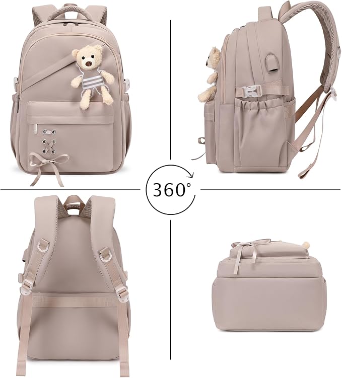 ACESAK School Backpack for Girls - 3 PCS Cute Girls Backpack with Lunch Box & Pencil Case - Kawaii Casual Kids Bookbag School Bag Daypacks Set for Elementary Middle High School Student Teens (Khaki)