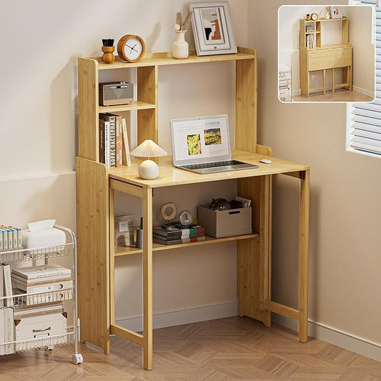 Bamboo Folding Desk for Small Spaces with Storage, Mid Century Foldable Desk with Bookshelf, Small Desks with Storage for Home Office Bedroom, Natural
