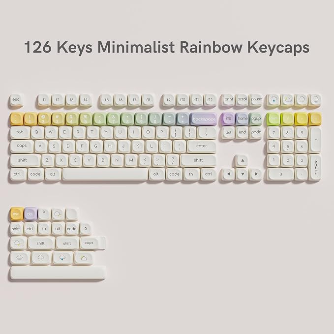 Womier PBT Keycaps Set 126 Keys, Doubleshot Dye Sub Side Print White Custom Round Keycaps for 60 65 75 100 Percent Creamy Mechanical Keyboards, MOA Profile (Rainbow)