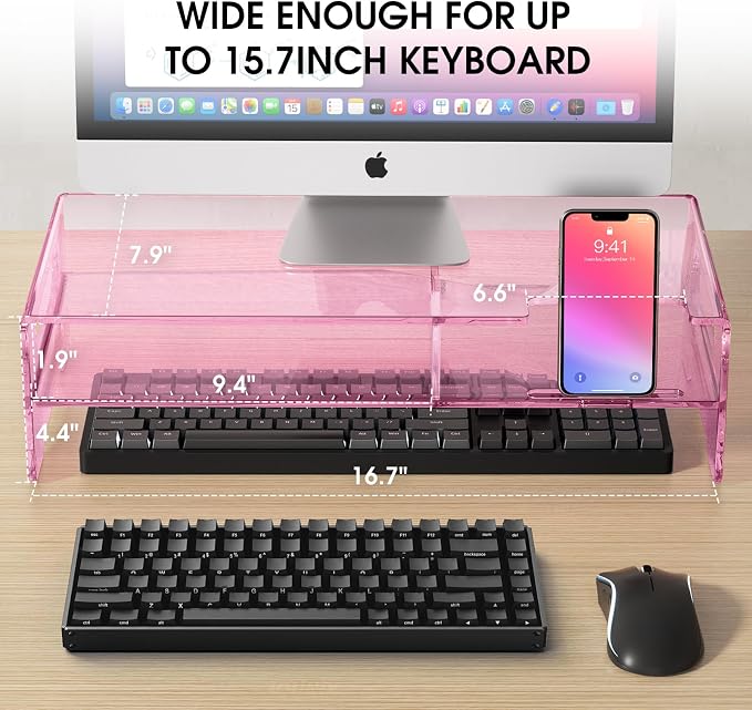 Pink Acrylic Monitor Riser, 2-Tier Desk Computer Stand With Storage & Phone Holder | Clear Computer Monitor Stand for Desk,Handheld Function Easy Mobility,16 in Wide for Laptop, Printer,Screen,Desktop Organizer