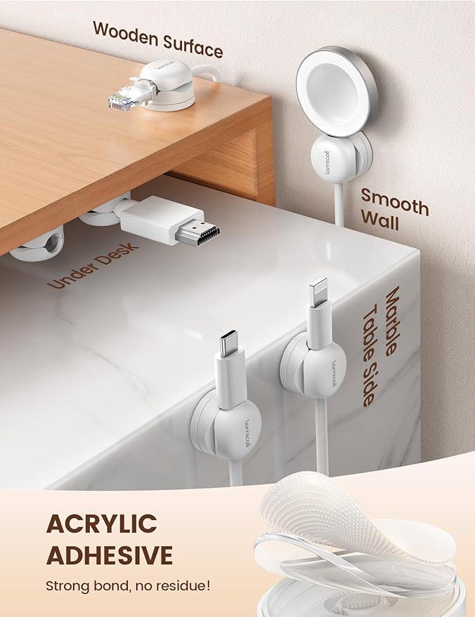 Lamicall 6Pack Rotatable Cord Organizer Cable Clips - [1s Lock] Spring Cord Holder, Phone Charger Cable Management for Desk Nightstand Wall, Office Home Dorm Room Apartment Organizer Accessories