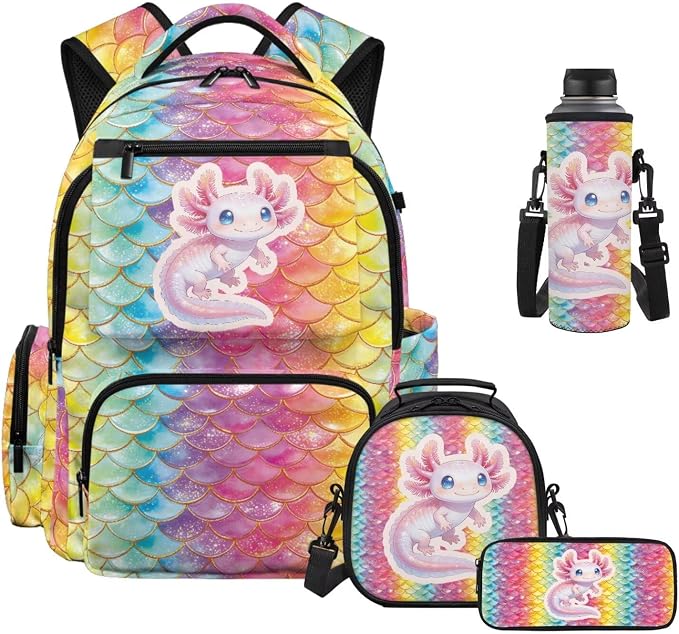WELLFLYHOM Axolotl Scales Multi Pockets Backpack for School Kids Girls Junior High Middle School 17 Inch Book Bag with Insulated Lunch Bag Cute Pencil Case Water Bottle