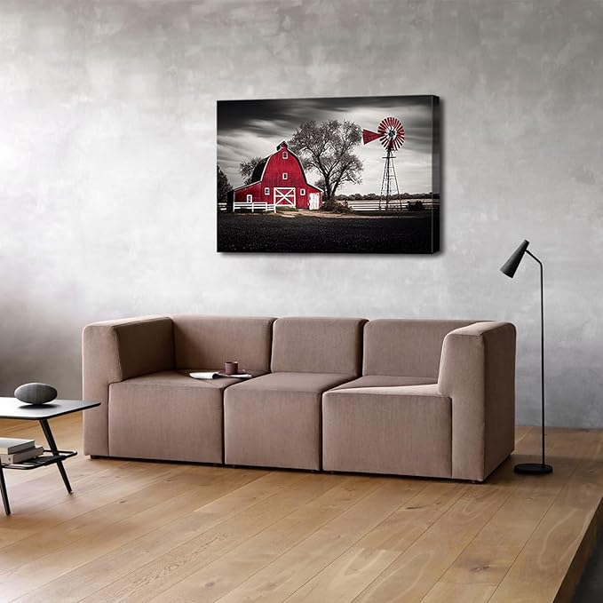 Country Wall Art Large Farmhouse Old Red Barn Canvas Picture Wood Artwork for Home Rustic Farm Scene Windmill Painting Bedroom Living Room Black and White Nature Country Landscape Wall Decor 24x36"