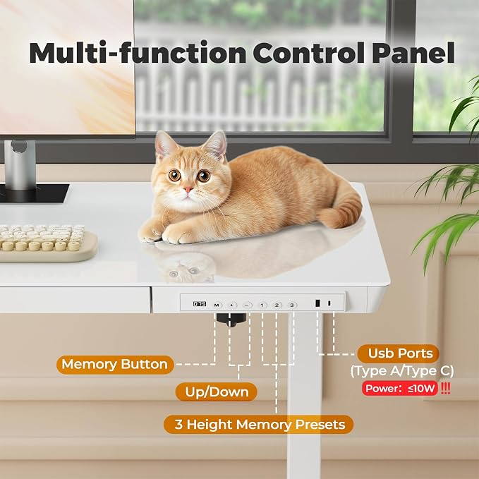 Glass Electric Standing Desk with Drawer, 31.5" x 20" Whole Piece Small Sit Stand Table, Height Adjustable Desk with Storage & USB Ports, Quick Install Home Office Computer Desk, White