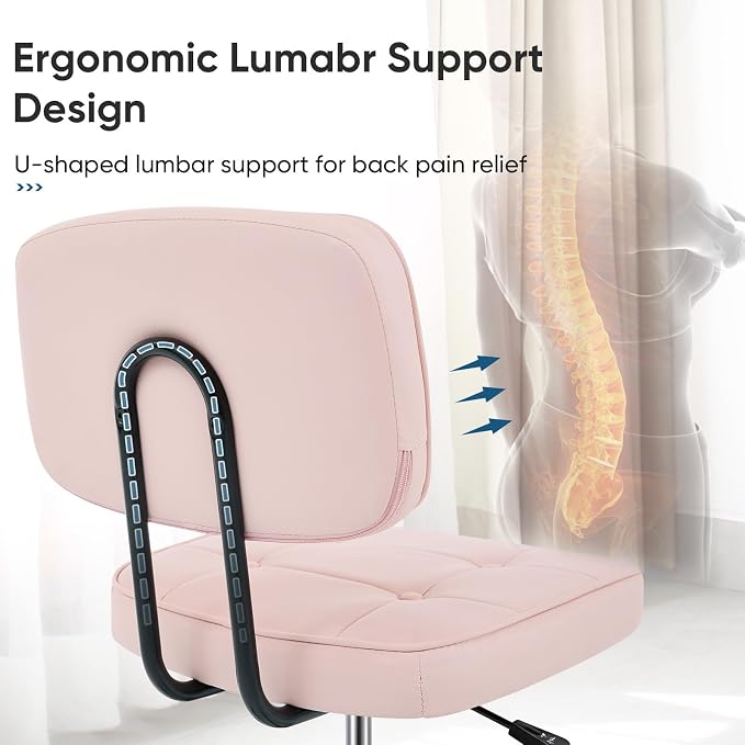 DUMOS Armless Office Desk Chair, Small Vanity Chair with Lumbar Support | PU Leather, 360° Rolling Swivel, Height Adjustable, Fit Computer Task, Bedroom Living Room, Pink