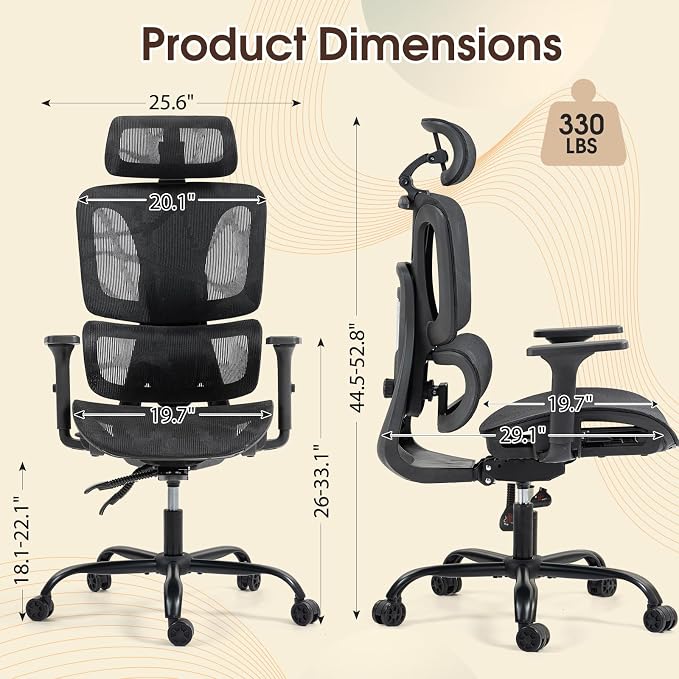 ECOTOUGE Black Ergonomic Mesh High Back Office Chair | Lumbar Support, Adjustable Headrest, 3D Armrests, Reclining, Breathable Mesh, Sturdy Base, 360° Swivel, for Office, Gaming