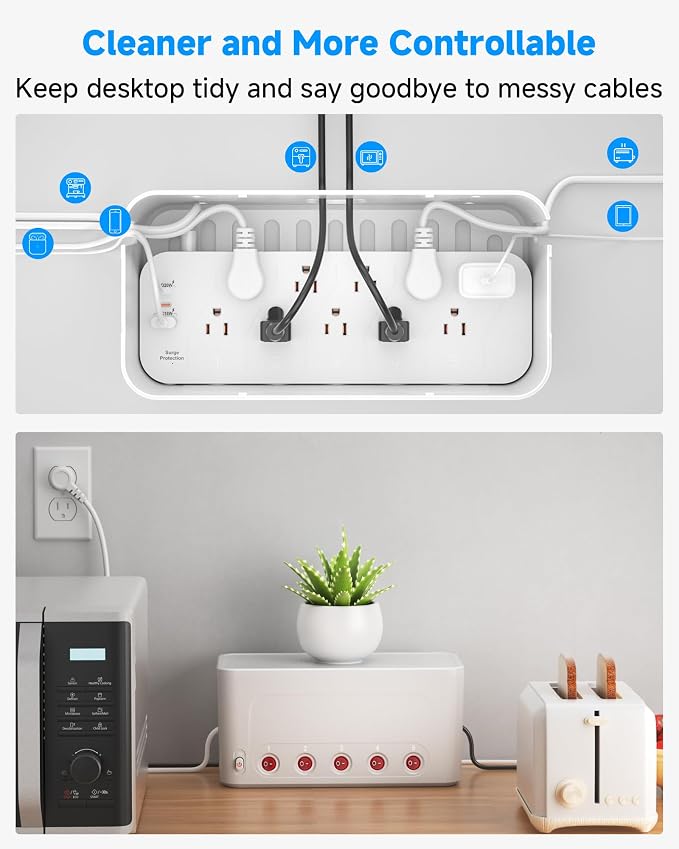 Power Strip with Cable Management Box, Large Cord Organizer Box,White | Power Strip Box with 10 Outlet and 3 USB Port,Individual Switches,6ft Flat Plug Extension Cord,Under-Desk Wire Storage Hider