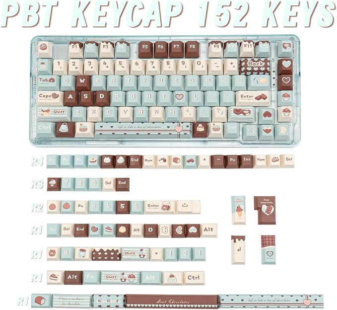 PBT Keycaps, Cute Keycaps 60% Percent 152 Keys Cherry Profile Custom Keycap Set for Cherry Gateron MX Switches Mechanical Keyboard（Mint Chocolate）