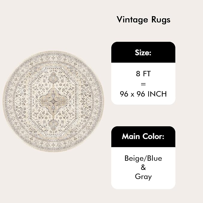 Puino 8FT Round Area Rug: Washable Oriental Circle Rugs Low Pile Soft Carpet with Non Slip Backing for Living Room Vintage Indoor Rug for Bedroom Kitchen Nursery Dining Room Home Office Beige/Gray