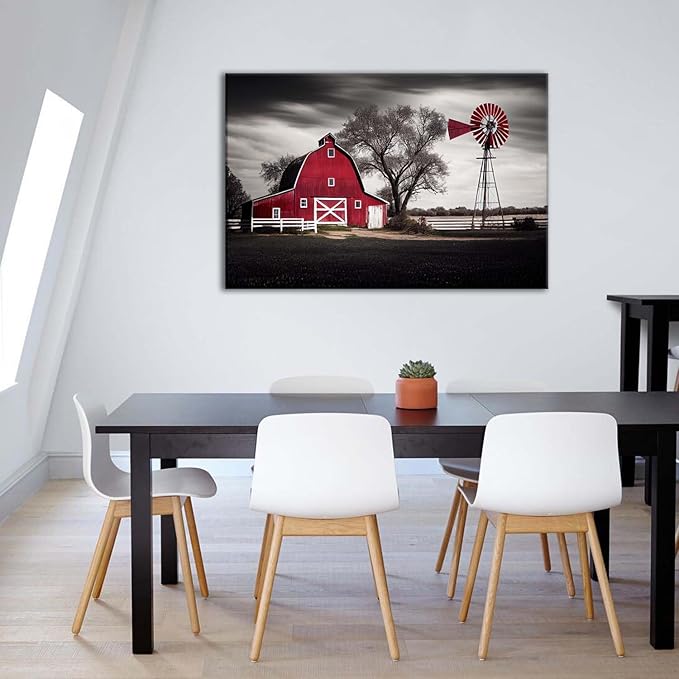 Country Barn Picture Wall Decor Rural Red Windmills Canvas Wall Art for Living Room Kitchen Retro Farmhouse Black and White Landscape Painting Rustic Western Posters Cabin Home Decorations 32x48"