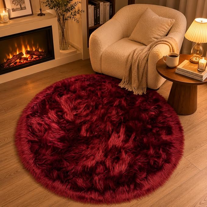 EasyJoy Faux Sheepskin Rug, Fluffy Faux Fur Rug, Ultra Soft Shag Area Rug with Non-Slip Backing for Bedroom, Living Room, Nursery, Kids Room(4 x 4 ft Round, Burgundy)