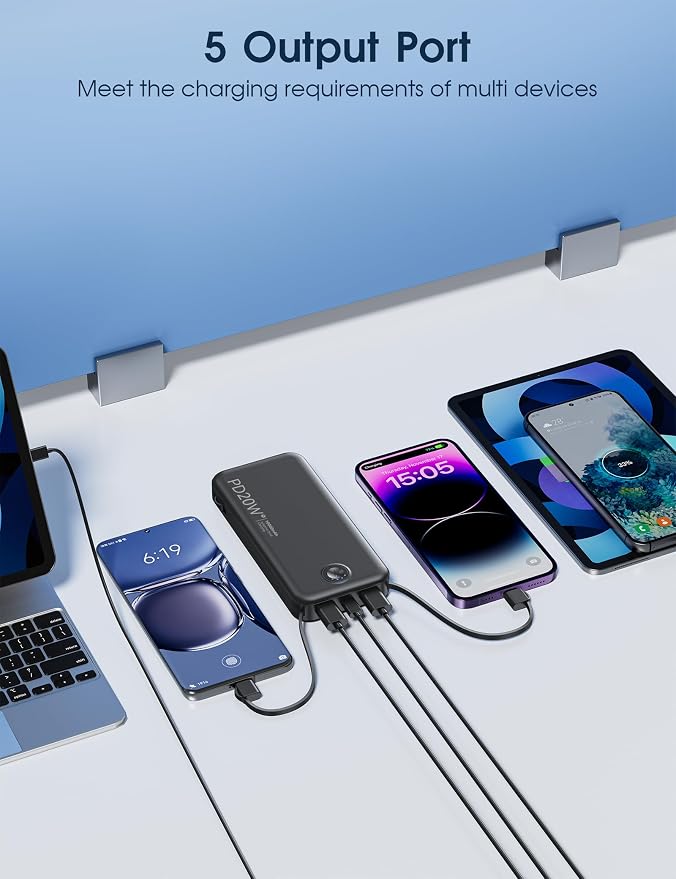 Nusyddy Portable Charger 10000mAh PD20W w/Built-in Cables & Wall Plug Black | PD20W Fast Charging, Battery Indicator, Pass Through Charging, TSA Approved, Compact/Slim, Power Bank for iPhone/iPad/Samsung
