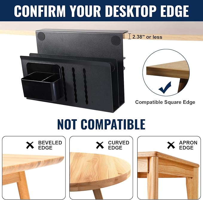 2 Tier Desk Side Storage Organizer, Under Desk Laptop Holder, No Drill Hanging Desks Caddy for Office & Home, Clamp On Desk Shelf for Tablet, Files, Accessories, Load 30Lbs