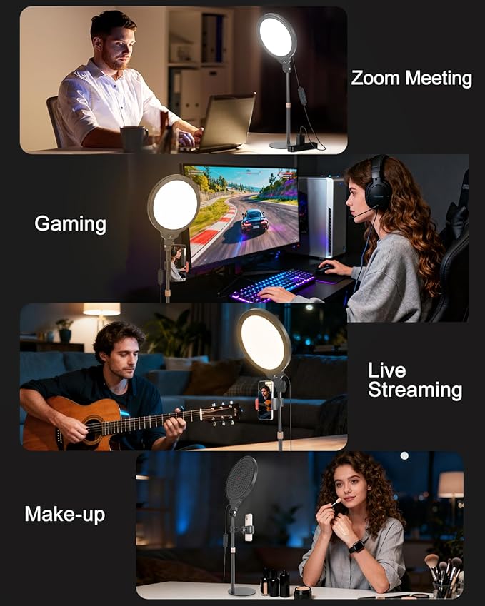 10'' Full Screen LED Ring Light with Adjustable Desk Stand, 3 Color Dimmable Video Conference Light for Zoom Meetings, Online Calls, Live Streaming, YouTube, TikTok, USB Powered with Phone Holder