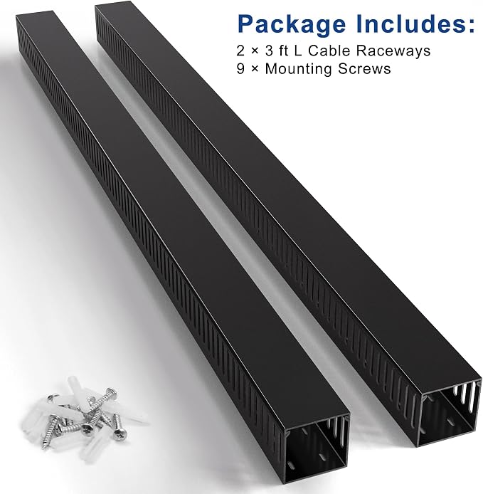 ZhiYo 3"H x 3"W Cable Raceway, 6ft Under Desk Wire Management Channel Black | Slotted Wire Duct, 2 Pack (3 ft Each), Heavy-Duty PVC Cable Management for Server Racks, Network Cables & Electrical Cabinets
