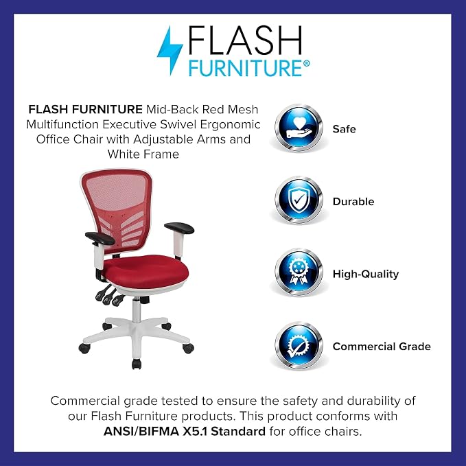 Flash Furniture Nicholas Mid-Back Red Mesh Multifunction Executive Swivel Ergonomic Office Chair with Adjustable Arms and White Frame