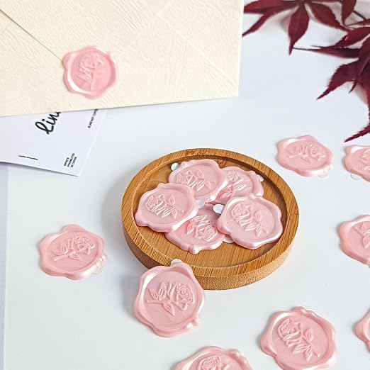 50 Pcs Adhesive Pink Rose Wax Seal Stickers, Rose Wedding Invitation Seal, Pink Rose Seals for Envelope, Easy to Use Rose Envelope Stickers with Good Adhesion