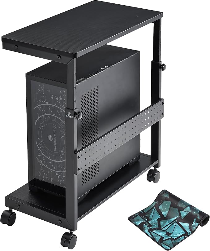 EUREKA ERGONOMIC PC Stand Computer Cart, Height Adjustable Tower Stand 2-Tier Suit for ATX Case Printer, Metal Rolling Cart on Wheels for Gaming Home Office, Carbon Fiber