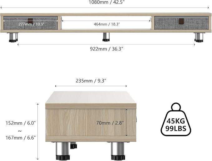 Fenge Dual Monitor Stand, 2-Tier Desk Organizer with Drawers, 42.5in, Oak | Storage Fabric Drawer, Ergonomic Height Adjustable, Desk Shelf for Top of Desk, Laptop, PC, TV, Home Office Organization