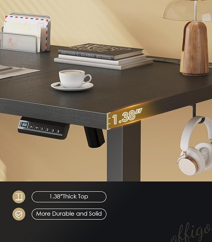 OffiGo 79 Inch Executive Electric Standing Desk Height Adjustable, Black | 1.38" Thick 3-Panel Desktop, Power Outlets, 3 Memory Presets, Dual-Beam Frame for Home Office, Workstation, Conference Room