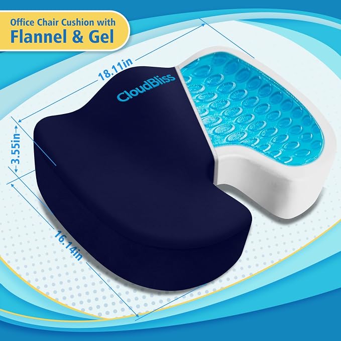 CloudBliss Gel Memory Foam Seat Cushion for Long Sitting, X-Large, Blue | Gel Chair Pad for Tailbone, Coccyx, Sciatica , Soft Suede Cover, Non-Slip , Washable Mesh, for office, home, car