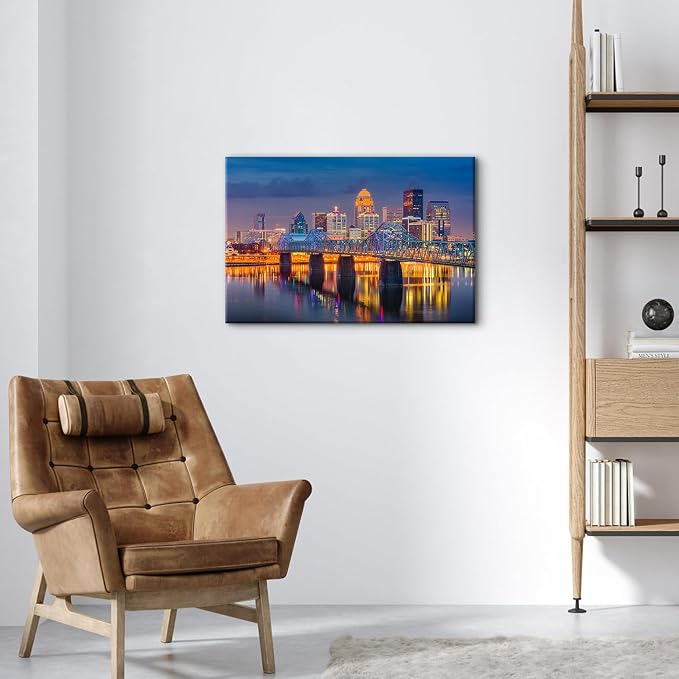 Modern USA Cityscape Canvas Wall Art for Bedroom Downtown Louisville in Kentucky Night Scenery Wall Decor Dining Room 16X24" Colorful Lights Building Skyline Panoramic Artwork Bathroom Home Decoration