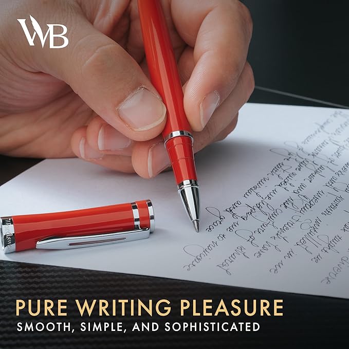 Wordsworth and Black Rollerball Pen - Luxury Pen - Chrome Finish, Red Lacquer, Ink Refill, Refillable, Gift for Men & Women, Professional Writing, Nice and Fancy Pens and for Work