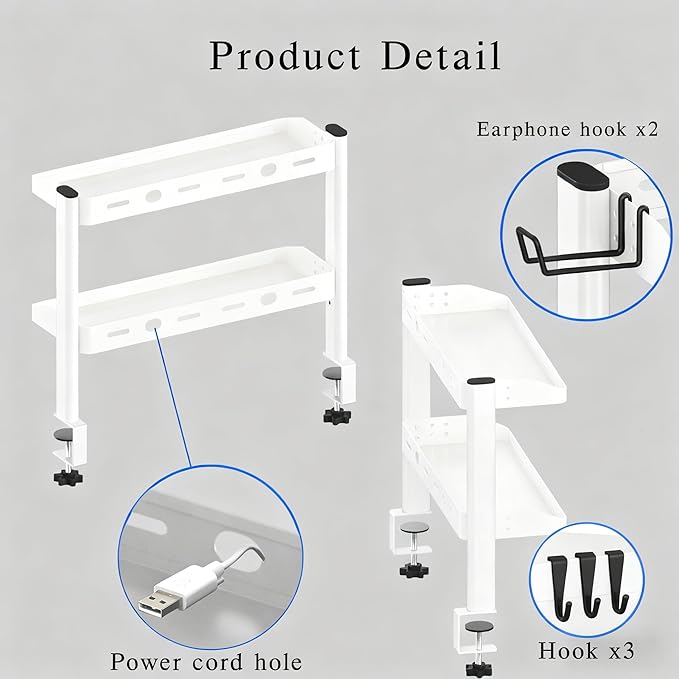 Clamp on Desk Shelf White, 2-Tier Office Desk Shelves Organizer, 17in Small Shelf for Top of Desk with Headphone Holder, Hooks, Desktop Storage Rack for Home Workspace, Study Rooms, Gaming Accessories