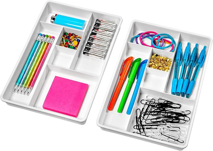 madesmart Plastic 6-Compartment Drawer Organizer Gadget Trays, Multipurpose Storage Bins for Drawers, White Set of 2 (Pack of 6)