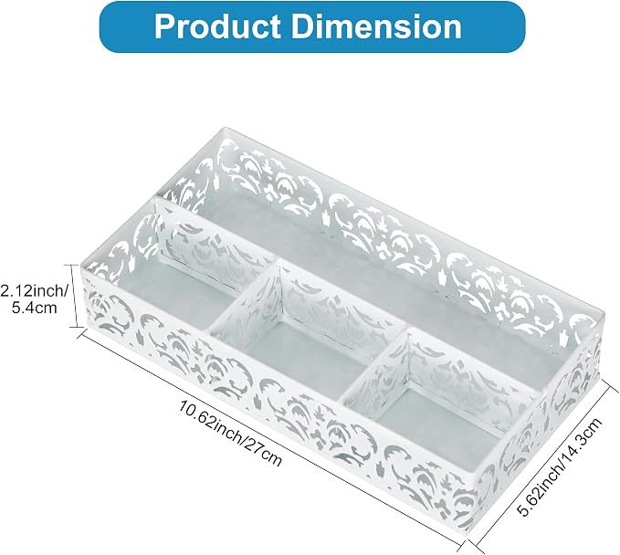 EasyPAG Desk Drawer Organizer with 4 Compartments, Carved Hollow Floral Metal Tray for Office, Jewelry, Cosmetics - No Assembly, White