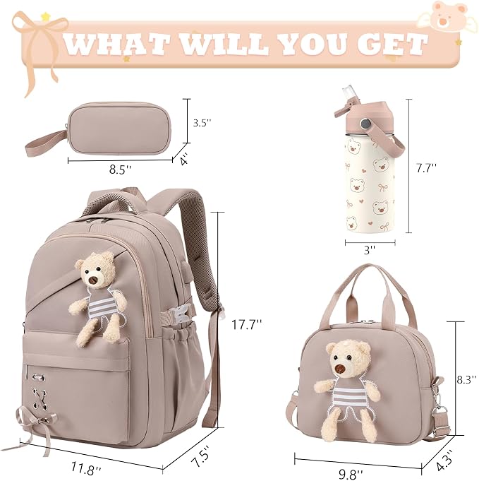 ACESAK Backpack for Girls with Insulated Water Bottle - 4 PCS Cute Girls Backpack with Lunch Box, Pencil Case & Kids Cup Set - 14oz Kids Water Bottle with Straw Set Back to School Supplies (Khaki)