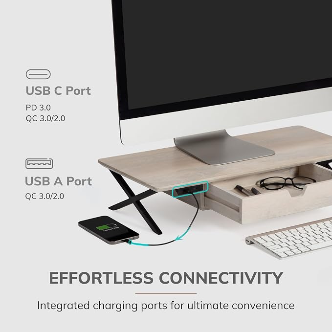 Anji Mountain Monitor Stand - Desktop Organizer & Laptop Riser, Ergonomic Monitor Riser, Space-Saving Monitor Stand for Desk, Durable Construction, Easy Assembly, Ideal for Home & Office,White Wash