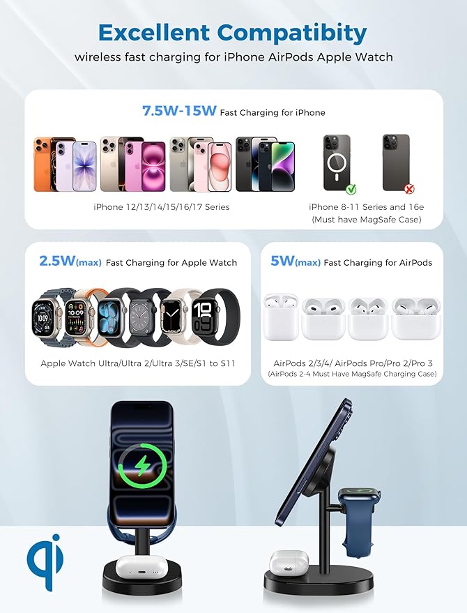 2026 3 in 1 Wireless Charging Station for Apple MagSafe Charger, 15W Fast Magnetic Mag-Safe Charger Stand for iPhone 17 16 15 14 13 12 Apple Watch AirPods Series, Gifts for Men