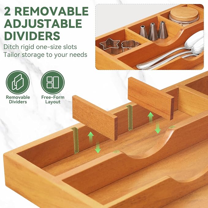 Luxury Teak Expandable Kitchen Drawer Organizer - Cutlery & Utensil Tray | Solid Teak Silverware & Flatware Organizer, 9 Compartments, Removable Knife Block & 2 Adjustable Dividers for Kitchen Cabinet