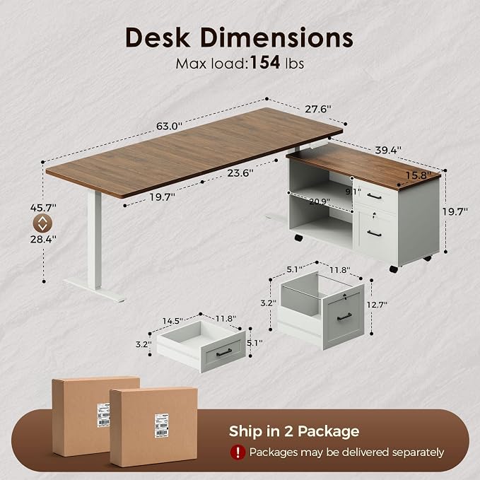OffiGo 63" L Shaped Electric Standing Desk with File Cabinet, Walnut/White | Mobile Drawers & File Cabinet for Flexible Layout, Height Adjustable Executive Stand Up Desk for Home Office Workstation