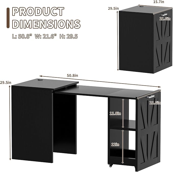 Foldable Desk with Charging Station, Rolling Computer Desk with Storage Shelf for Small Spaces, Pull-Out Home Office Table for Bedroom, Apartment, Dorm, Black
